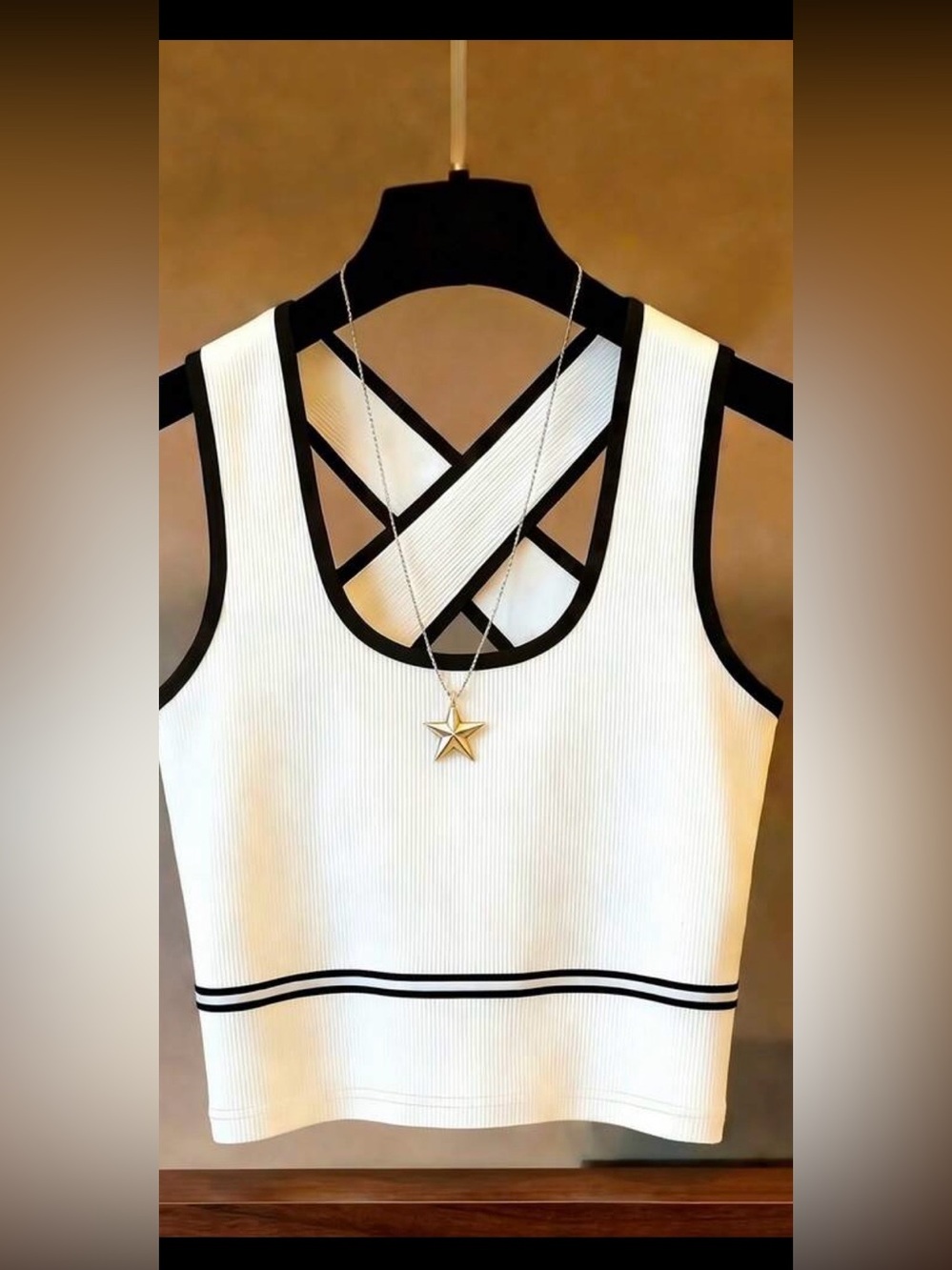 Cross-Back Ribbed Tank Top in White with Black Trim
